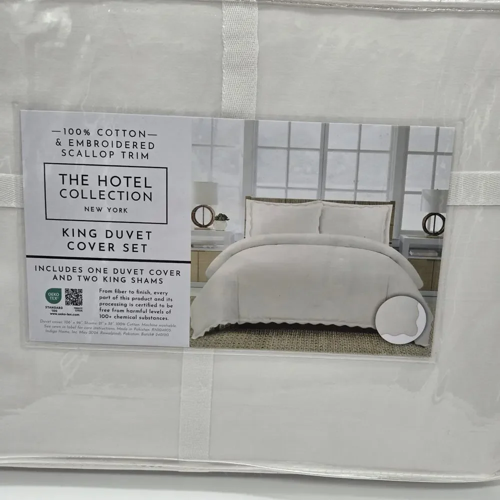 Hotel Collection Duvet Set KING White Embroidered Scalloped Trim Cotton CRISP WH